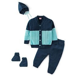 Babyhug Knitted Full Sleeves Sweater Set with Cap & Booties Cable Knit Design - Blue