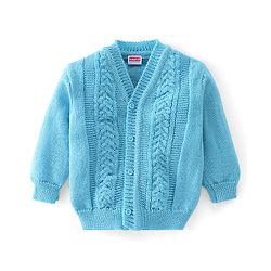 Babyhug Knitted Full Sleeves Sweater Set with Cap & Booties Cable Knit Design - Blue