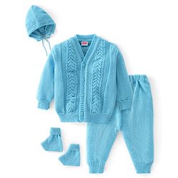 Babyhug Knitted Full Sleeves Sweater Set with Cap & Booties Cable Knit Design - Blue