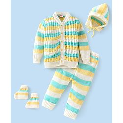Babyhug Full Sleeves Striped Design Sweater Set with Cap & Booties - Multicolour