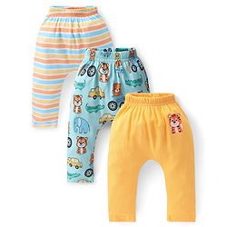 Babyhug Cotton Knee Length Diaper Pants Striped & Wild Animals Printed Pack of 3 - Yellow & Blue