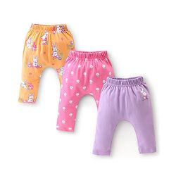 Babyhug Cotton Knit Full Length Diaper Pants Floral Printed Pack of 3 - Multicolour