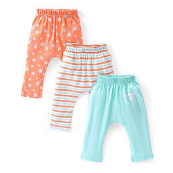 Babyhug Cotton Full Length Diaper Pants Striped & Elephant Printed Pack of 3 - Orange & Blue