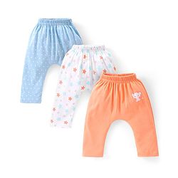 Babyhug Cotton Full Length Stars Printed Diaper Pants Pack of 3  - Blue Orange & White