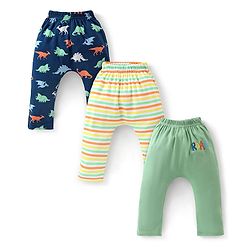 Babyhug Cotton Full Length Striped Diaper Pants Dino Print Pack of 3  - Multicolour