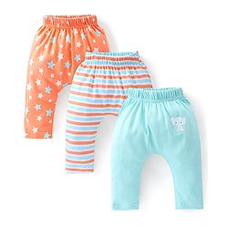 Babyhug Cotton Knit Knee Length Diaper Pants Striped & Stars Printed Pack of 3 - Orange & Blue