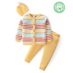 Babyhug Organic Cotton Full Sleeves Striped Baby Sweater Set with Cap - Multicolor
