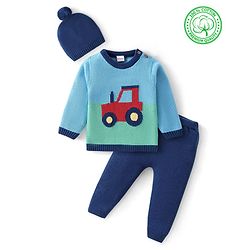 Babyhug Organic Cotton Knit Full Sleeves Baby Sweater Set with Cap & Tractor Design - Blue