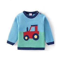 Babyhug Organic Cotton Knit Full Sleeves Baby Sweater Set with Cap & Tractor Design - Blue