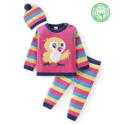 Babyhug Organic Cotton Knit Full Sleeves Baby Sweater Set with Cap & Bird Design - Pink & Blue