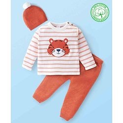 Babyhug Organic Cotton Full Sleeves Sweater Set Striped & Tiger Print - Peach & White