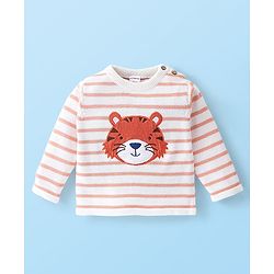 Babyhug Organic Cotton Full Sleeves Sweater Set Striped & Tiger Print - Peach & White