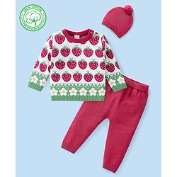 Babyhug Organic Cotton Knit Full Sleeves Sweater Set with Cap Strawberry Design - Pink & White