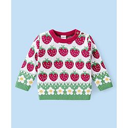 Babyhug Organic Cotton Knit Full Sleeves Sweater Set with Cap Strawberry Design - Pink & White