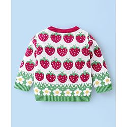 Babyhug Organic Cotton Knit Full Sleeves Sweater Set with Cap Strawberry Design - Pink & White