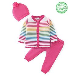 Babyhug Full Sleeves Baby Sweater Set Striped with Cap - Pink