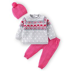 Babyhug Organic Cotton Full Sleeves Baby Sweater Set with Cap Hearts Design - Pink & Grey