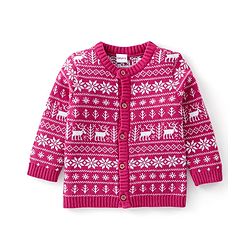 Babyhug Organic Cotton Knit Full Sleeves Sweater Set with Cap & Reindeer Design - Dark Pink