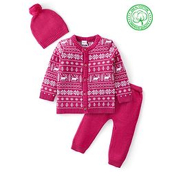 Babyhug Organic Cotton Knit Full Sleeves Sweater Set with Cap & Reindeer Design - Dark Pink