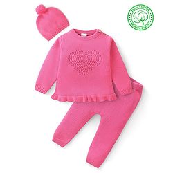 Babyhug Organic Cotton Knit Full Sleeves Sweater Set Heart Design - Dark Pink