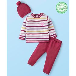 Babyhug Organic Cotton Full Sleeves Striped Baby Sweater Set Heart Design - Multicolor