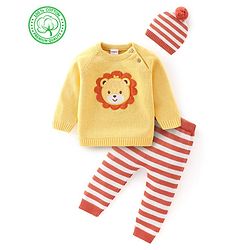 Babyhug Organic Full Sleeves Baby Sweater Set with Bear Design & Cap - Yellow & Red