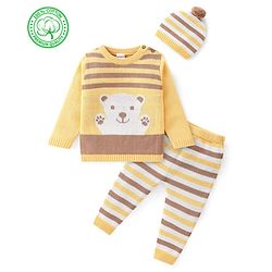 Babyhug Organic Full Sleeves Sweater Set & Cap with Bear Design - Yellow & Brown
