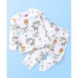 Babyhug Interlock Cotton Knit Full Sleeves Night Suit Jungle Print - White