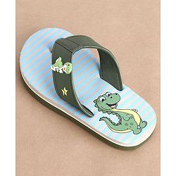 Cute Walk by Babyhug Striped & Dino Printed Slip On Flip Flops - Green & Blue