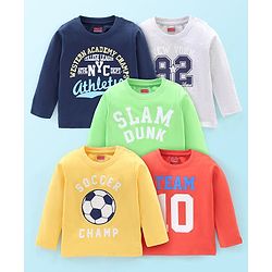 Babyhug 100% Cotton Jersey Knitted Full Sleeves T-Shirts Text Print Pack of 5 - Multicolour