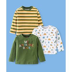 Babyhug 100% Cotton Full Sleeves T-Shirt Striped With Adventure Print Pack Of 3 - Green Yellow & White