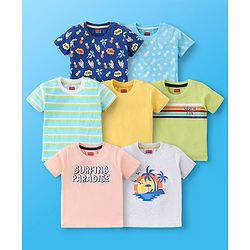 Babyhug 100% Cotton Half Sleeves T-Shirt Striped & Print Pack Of 7 - Blue Yellow & Green