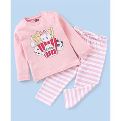 Babyhug Cotton Interlock Full Sleeves Night Suit with Kitty Print - Pink