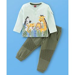 Babyhug 100% Cotton Jersey Full Sleeves T-Shirt & Lounge Pants Set Jungle Print - Olive Green