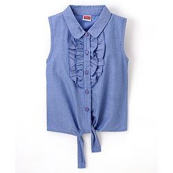 Babyhug 100% Cotton Woven Chambray Sleeveless Front Open Top With Frill Detailing Dot Print- Blue