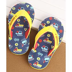 Cute Walk by Babyhug Slip On Flip Flops Construction Vehicle Print - Yellow & Blue