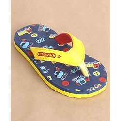 Cute Walk by Babyhug Slip On Flip Flops Construction Vehicle Print - Yellow & Blue