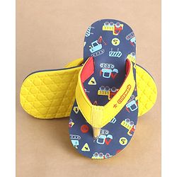 Cute Walk by Babyhug Slip On Flip Flops Construction Vehicle Print - Yellow & Blue