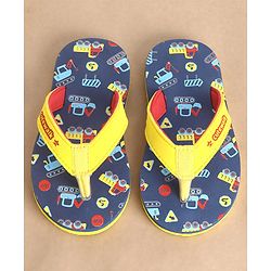 Cute Walk by Babyhug Slip On Flip Flops Construction Vehicle Print - Yellow & Blue