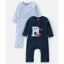 Babyhug 100% Cotton Knit Full Sleeves Romper Base Balls Print Pack of 2 - Navy & Sky Blue