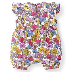 Babyhug 100% Cotton Knit Cap Sleeves Romper With Hairband Floral Print - Pink & Purple