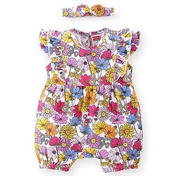 Babyhug 100% Cotton Knit Cap Sleeves Romper With Hairband Floral Print - Pink & Purple