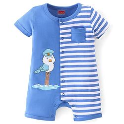 Babyhug 100% Cotton Knit Half Sleeves Romper Stripes & Bird Print - Blue