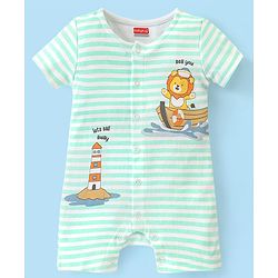 Babyhug 100% Cotton Half Sleeves Romper Stripes & Lion Print- Blue