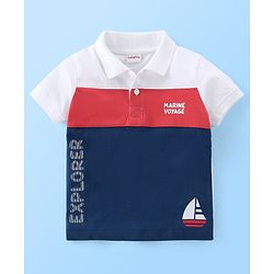 Babyhug 100% Cotton Knit Half Sleeves T-Shirt Text & Boat Print - White & Navy Blue