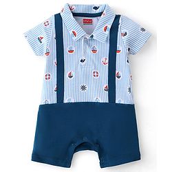Babyhug 100% Cotton Half Sleeves Striped Romper Boat Print - Navy Blue