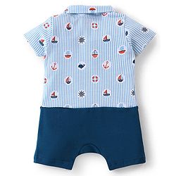 Babyhug 100% Cotton Half Sleeves Striped Romper Boat Print - Navy Blue