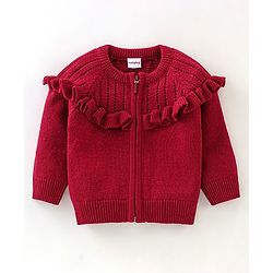 Babyhug Knit Full Sleeves Front Open Sweater with Frill Details - Maroon