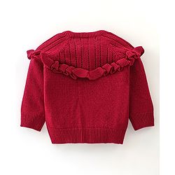 Babyhug Knit Full Sleeves Front Open Sweater with Frill Details - Maroon