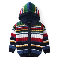 Babyhug Knitted Full Sleeves Front Open Hooded Sweater with Stripes - Multicolour